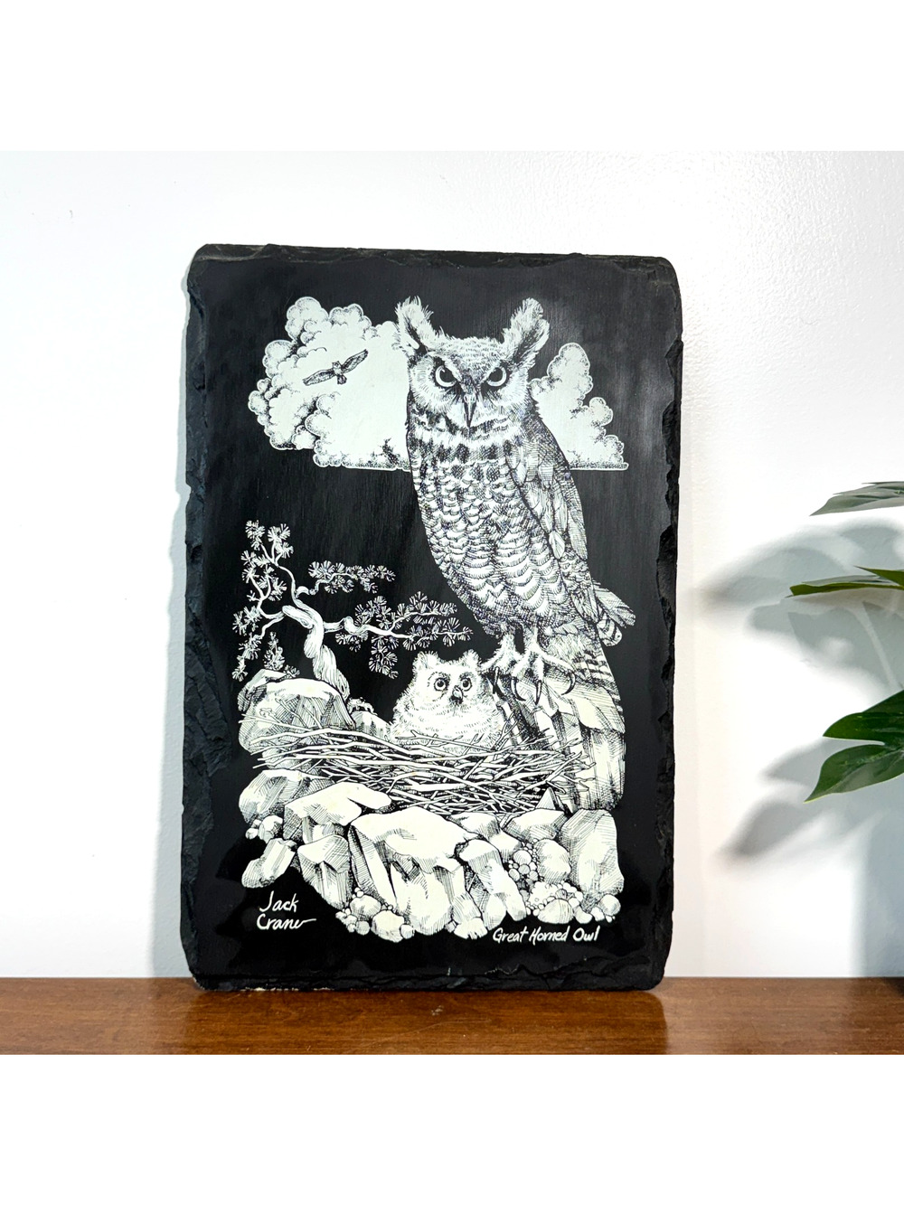 Vintage Great Horned Owl Slate Wall Plaque by Jack Crane 8x12 USA